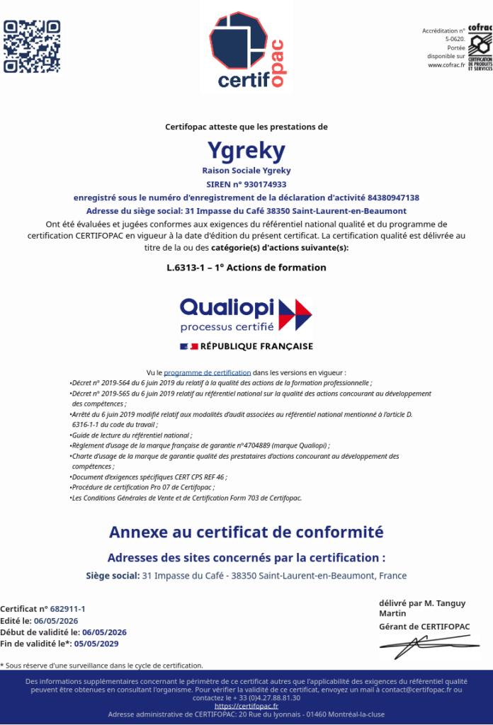 Qualiopi Certificate for Ygreky (May 2026)